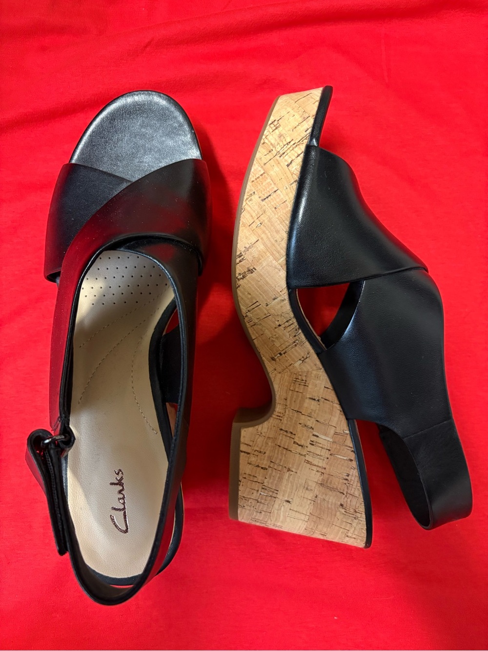 Clarks Maritsa Lara Black Leather Cork Wedge Sandal